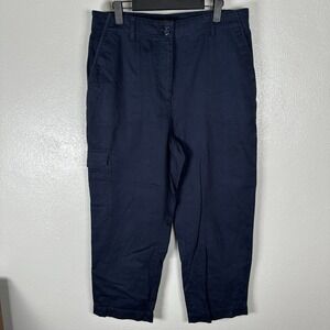 Talbots Supersoft Cargo Pants Womens 12 Navy Blue Cotton Linen Straight Pocket